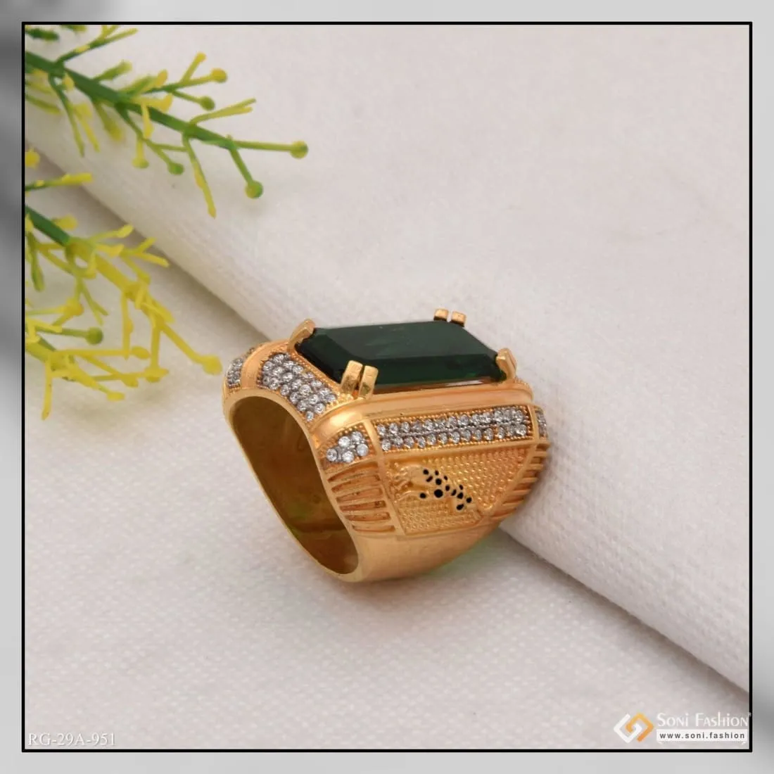 1 Gram Gold Forming Green Colour With Diamond Gold Plated Ring For Men - Style A951