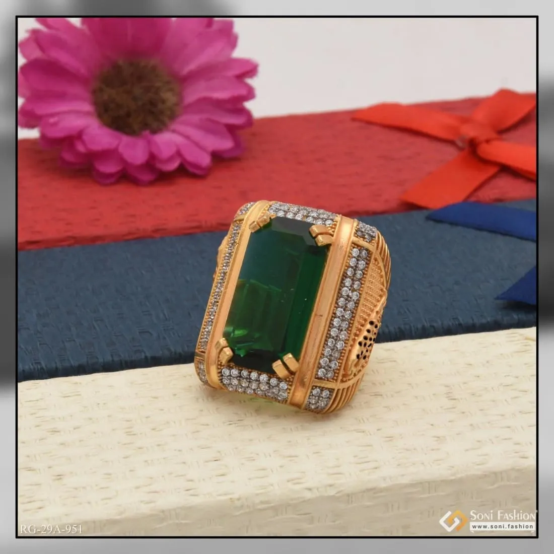 1 Gram Gold Forming Green Colour With Diamond Gold Plated Ring For Men - Style A951