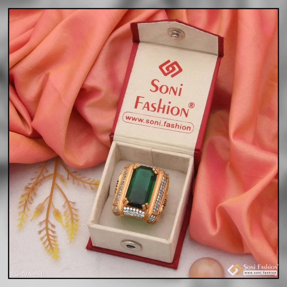1 Gram Gold Forming Green Colour With Diamond Gold Plated Ring For Men - Style A951