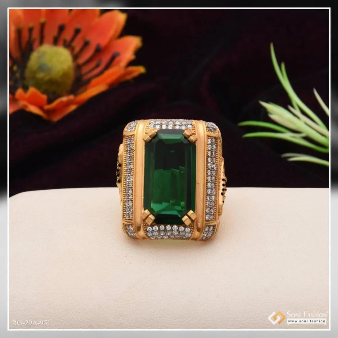 1 Gram Gold Forming Green Colour With Diamond Gold Plated Ring For Men - Style A951