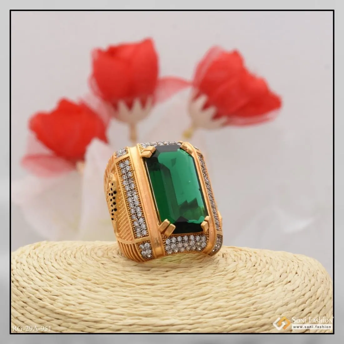 1 Gram Gold Forming Green Colour With Diamond Gold Plated Ring For Men - Style A951