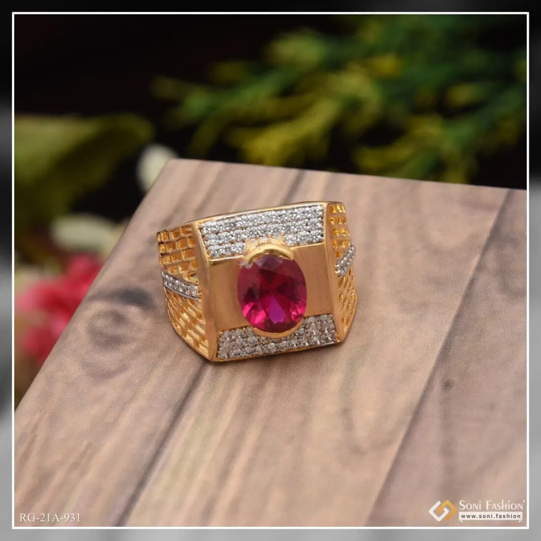 1 Gram Gold Forming Pink Stone With Diamond Best Quality Ring For Men - Style A931