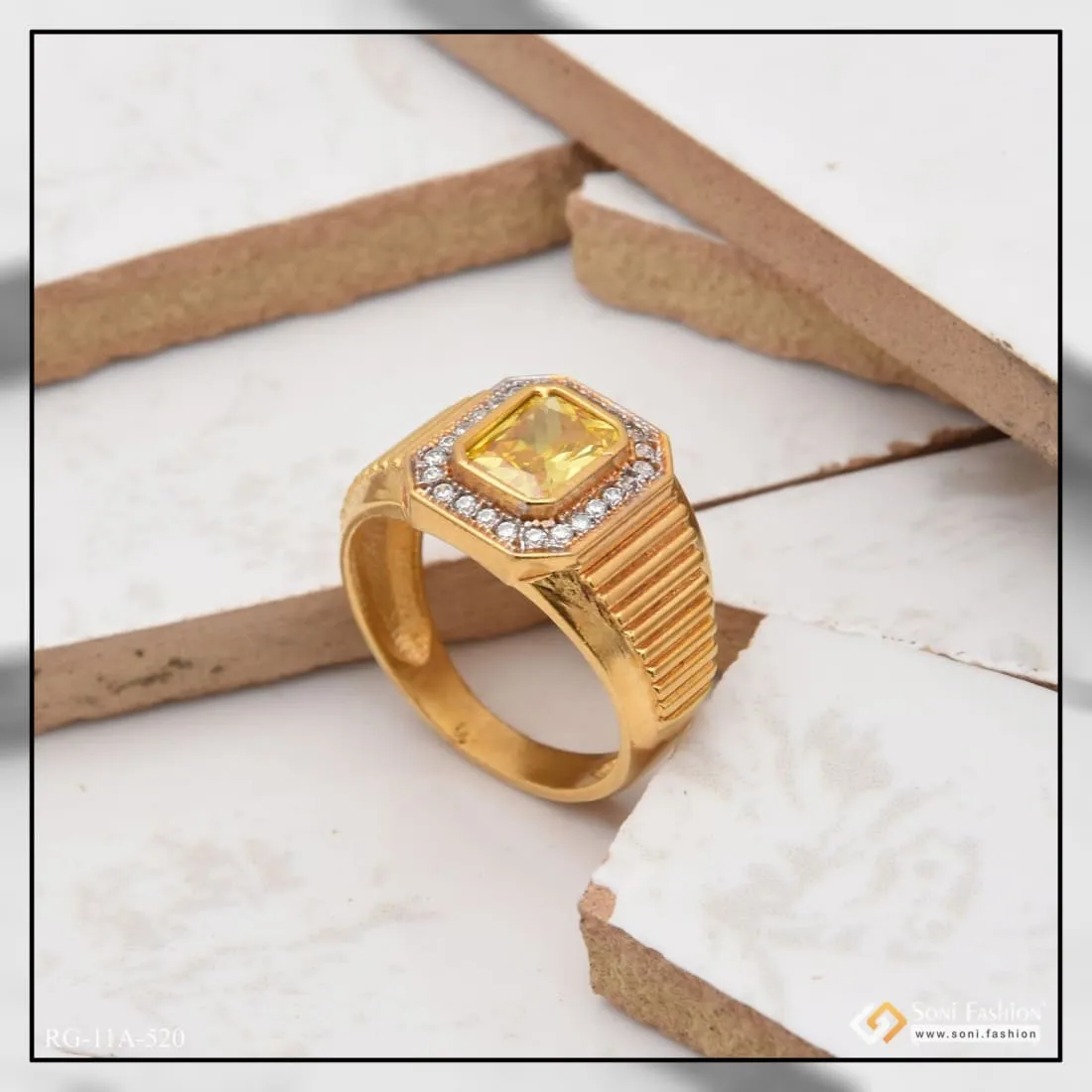 1 Gram Gold Forming Yellow Stone Artisanal Design Ring for Men - Style A520