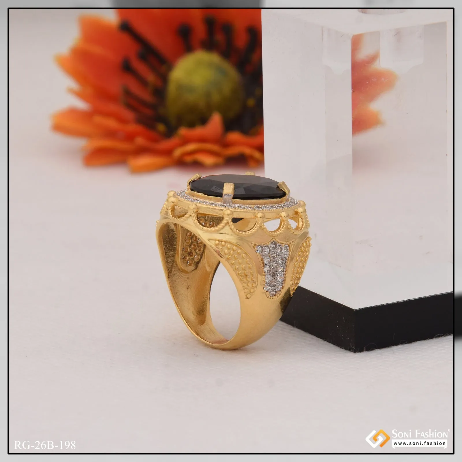 1 Gram Gold Plated Black Stone with Diamond Best Quality Ring for Men - Style B198