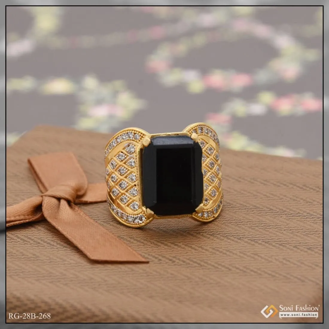 1 Gram Gold Plated Black Stone with Diamond Gold Plated Ring for Men - Style B268