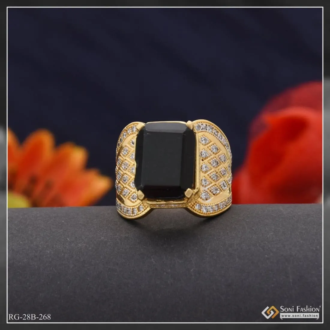 1 Gram Gold Plated Black Stone with Diamond Gold Plated Ring for Men - Style B268