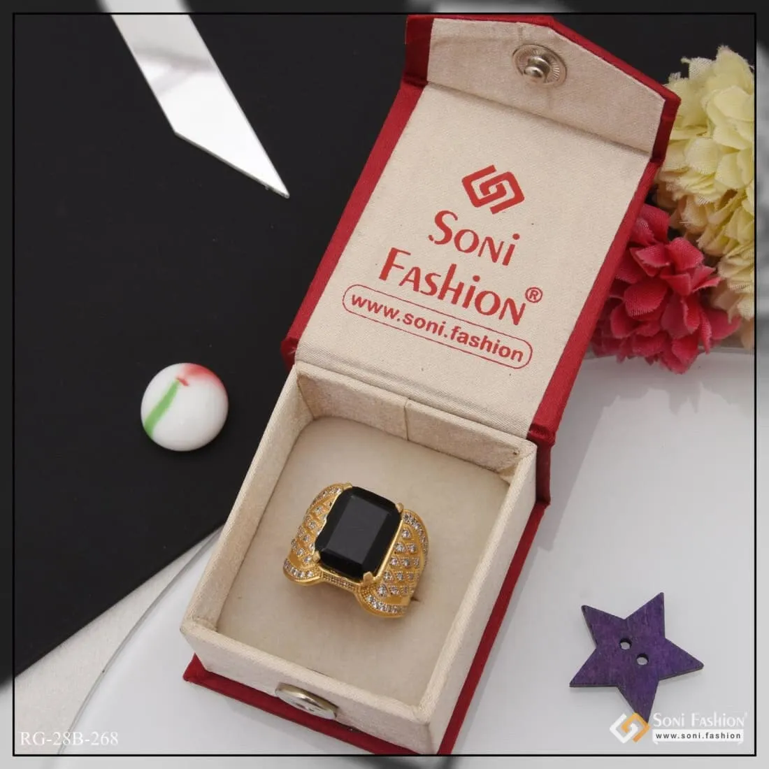 1 Gram Gold Plated Black Stone with Diamond Gold Plated Ring for Men - Style B268