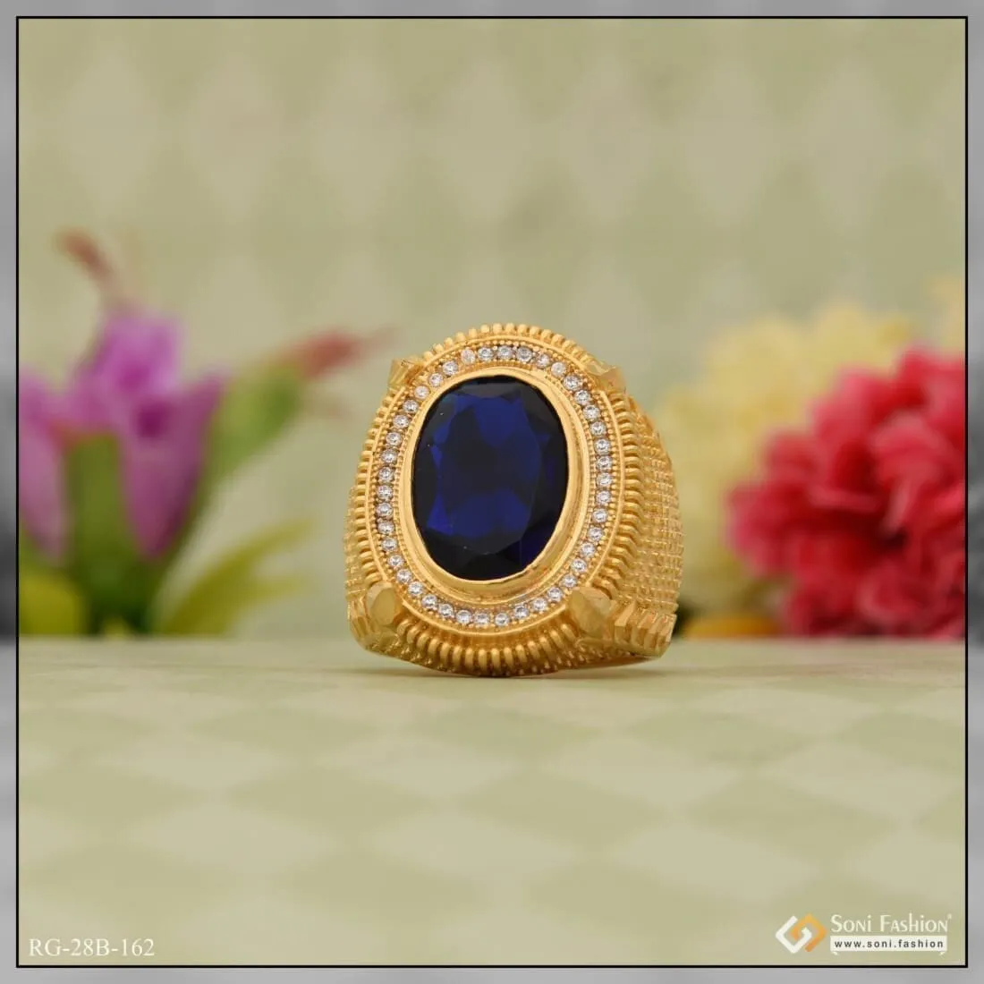 1 Gram Gold Plated Blue Stone Best Quality Durable Design Ring For Men - Style B162