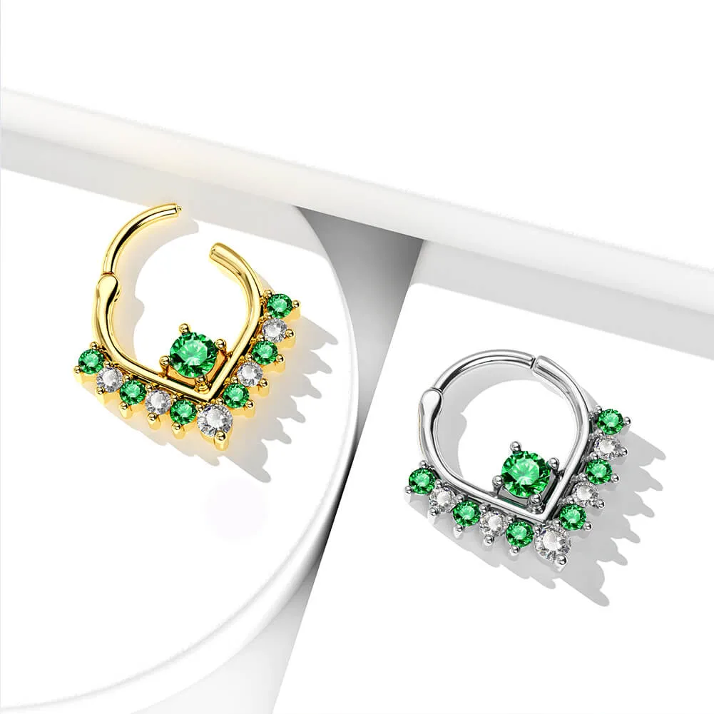 16G V Shape Green & Clear CZ Clicker Septum Ring