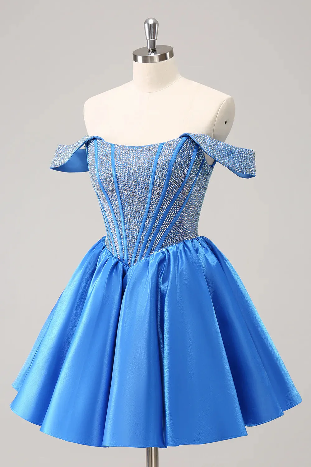 A-Line Off the Shoulder Beaded Satin Homecoming Dress Backless/With Lace Up Back