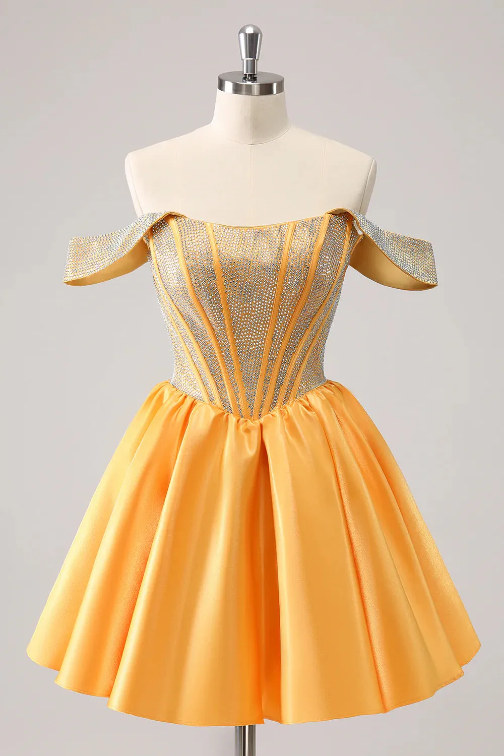 A-Line Off the Shoulder Beaded Satin Homecoming Dress Backless/With Lace Up Back