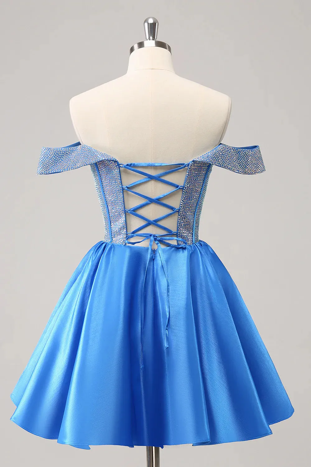A-Line Off the Shoulder Beaded Satin Homecoming Dress Backless/With Lace Up Back