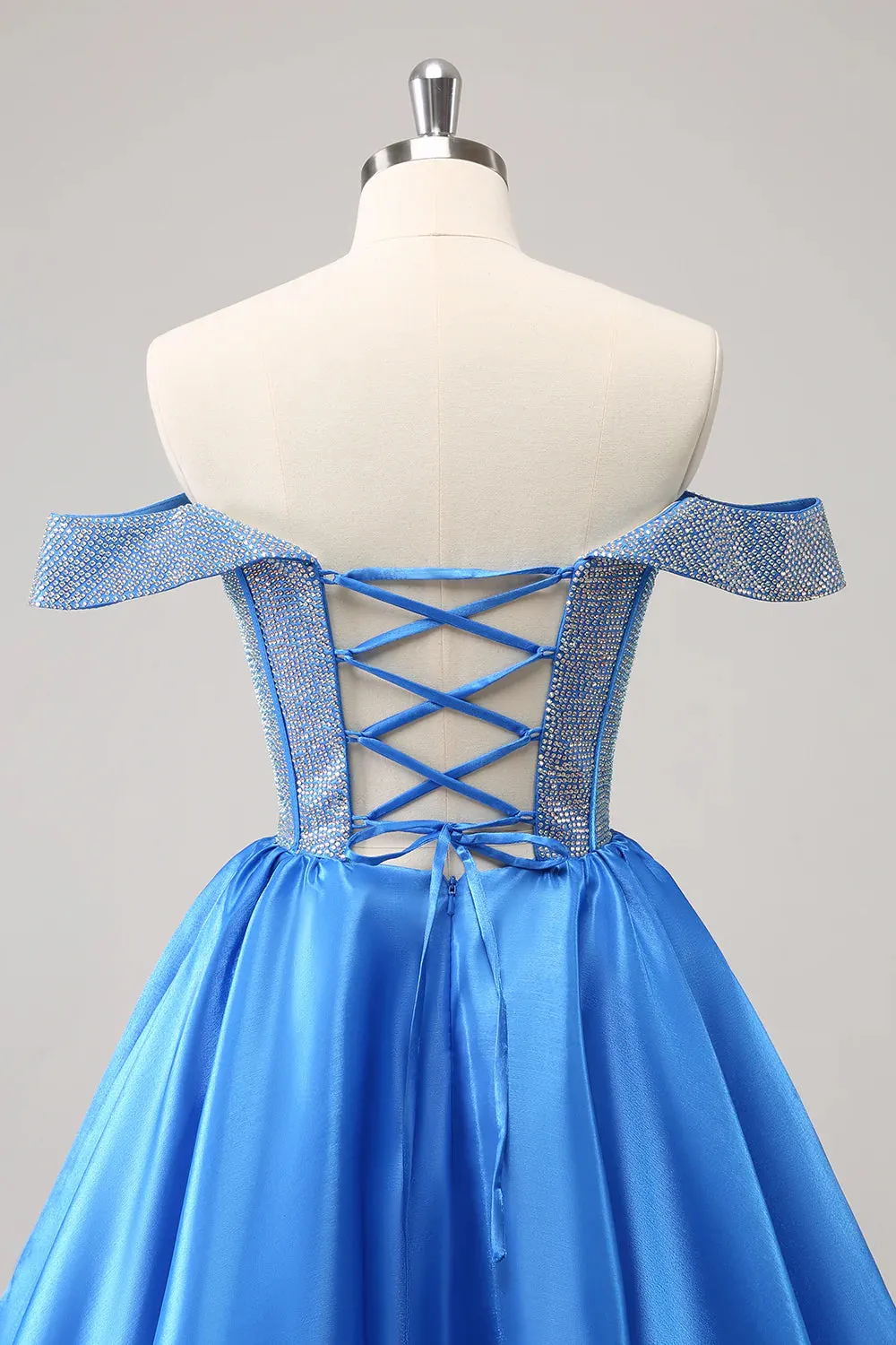 A-Line Off the Shoulder Beaded Satin Homecoming Dress Backless/With Lace Up Back