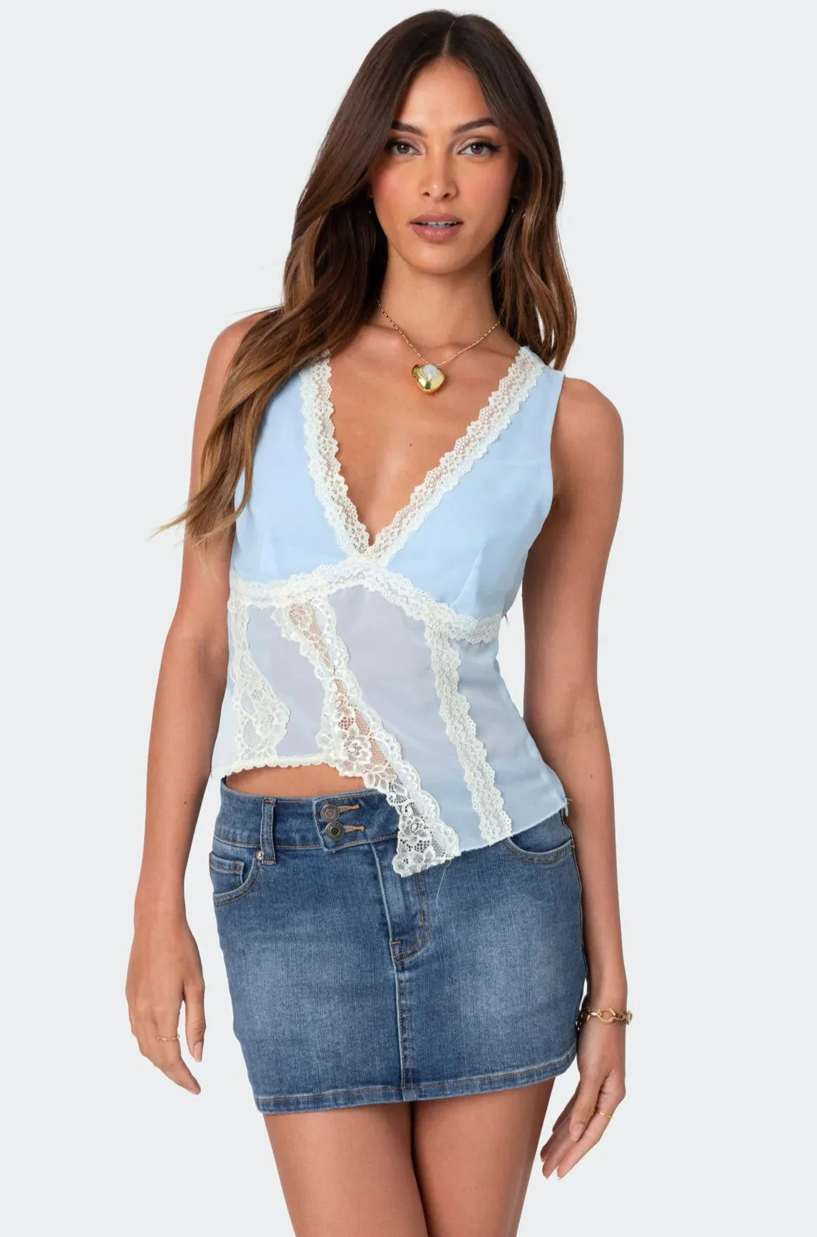 Asymmetric Lace Sheer Top