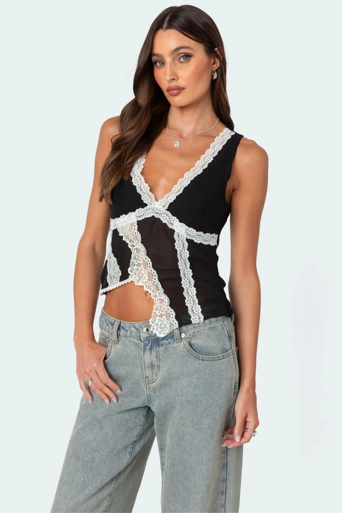 Asymmetric Lace Sheer Top