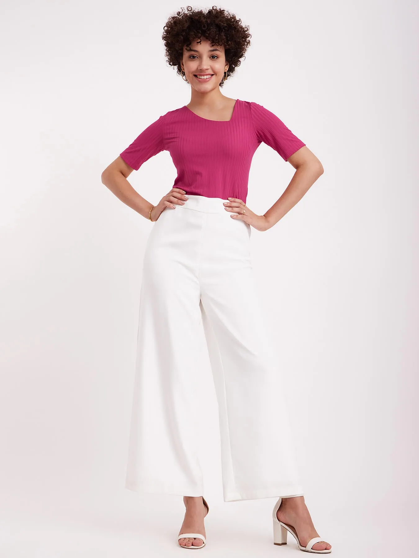 Asymmetric Neck Rib Knit Top - Fuchsia