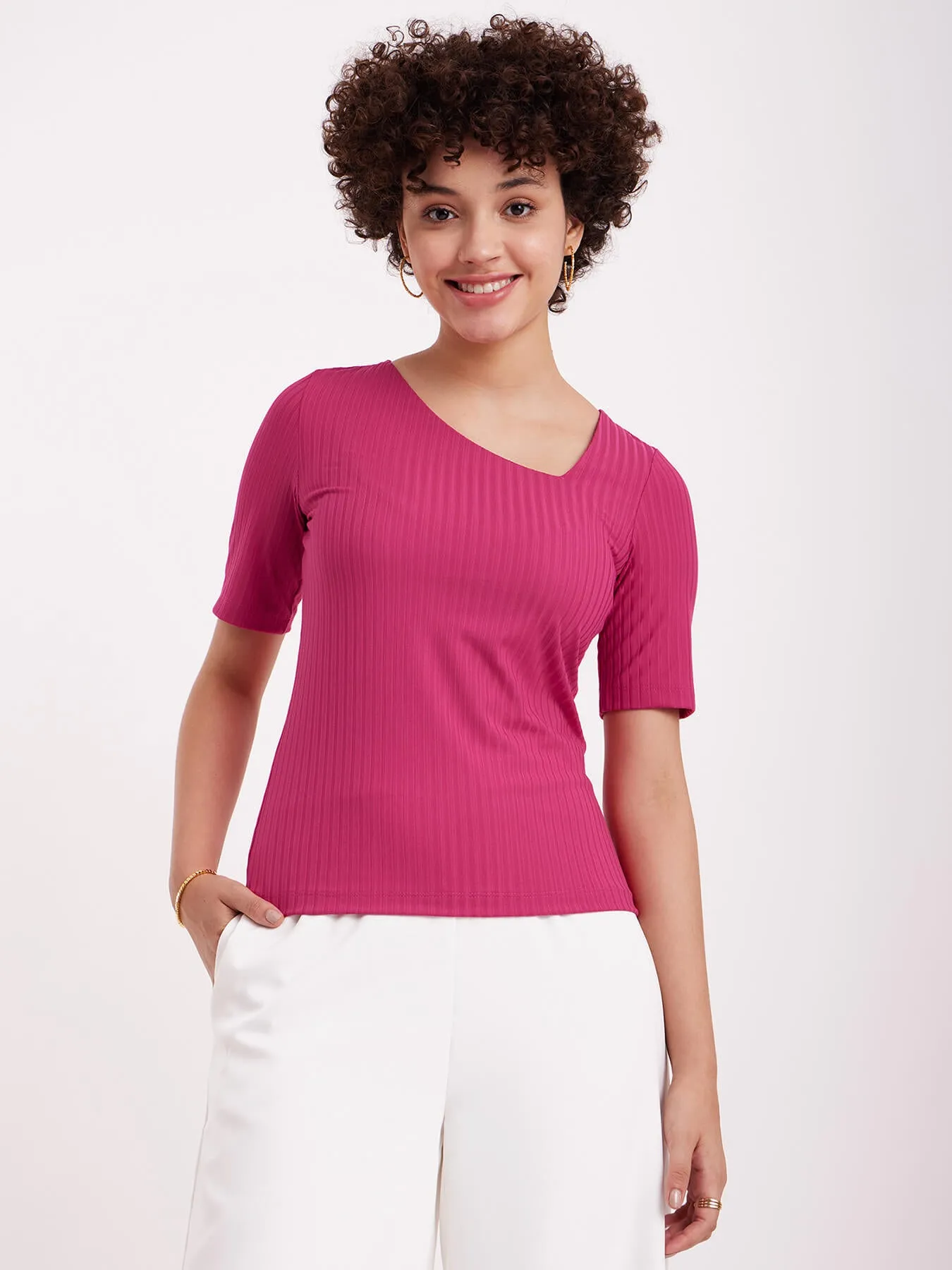 Asymmetric Neck Rib Knit Top - Fuchsia
