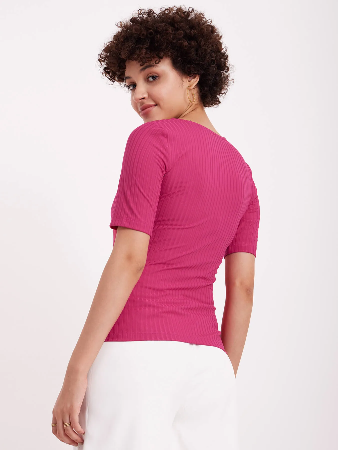 Asymmetric Neck Rib Knit Top - Fuchsia