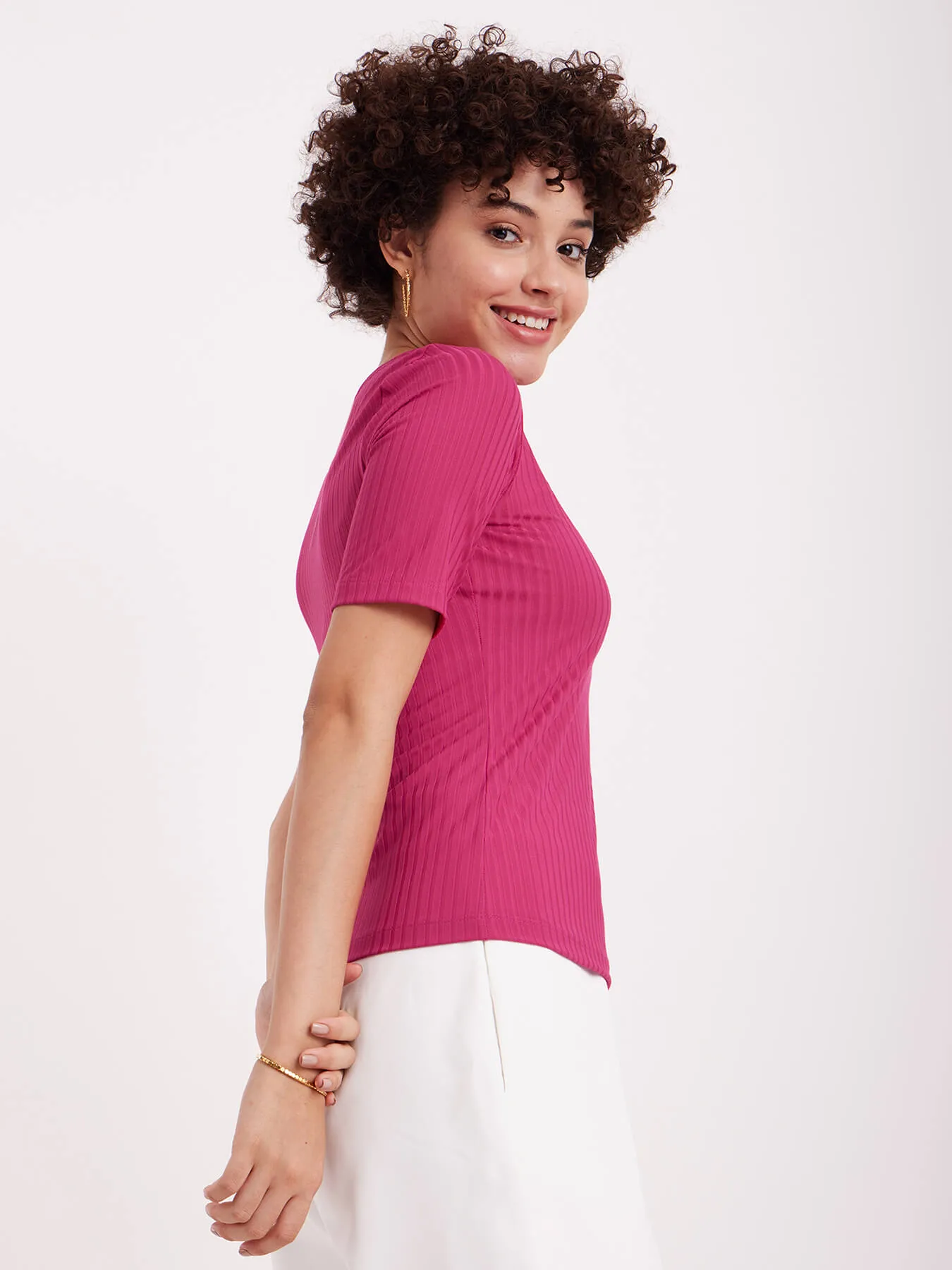 Asymmetric Neck Rib Knit Top - Fuchsia