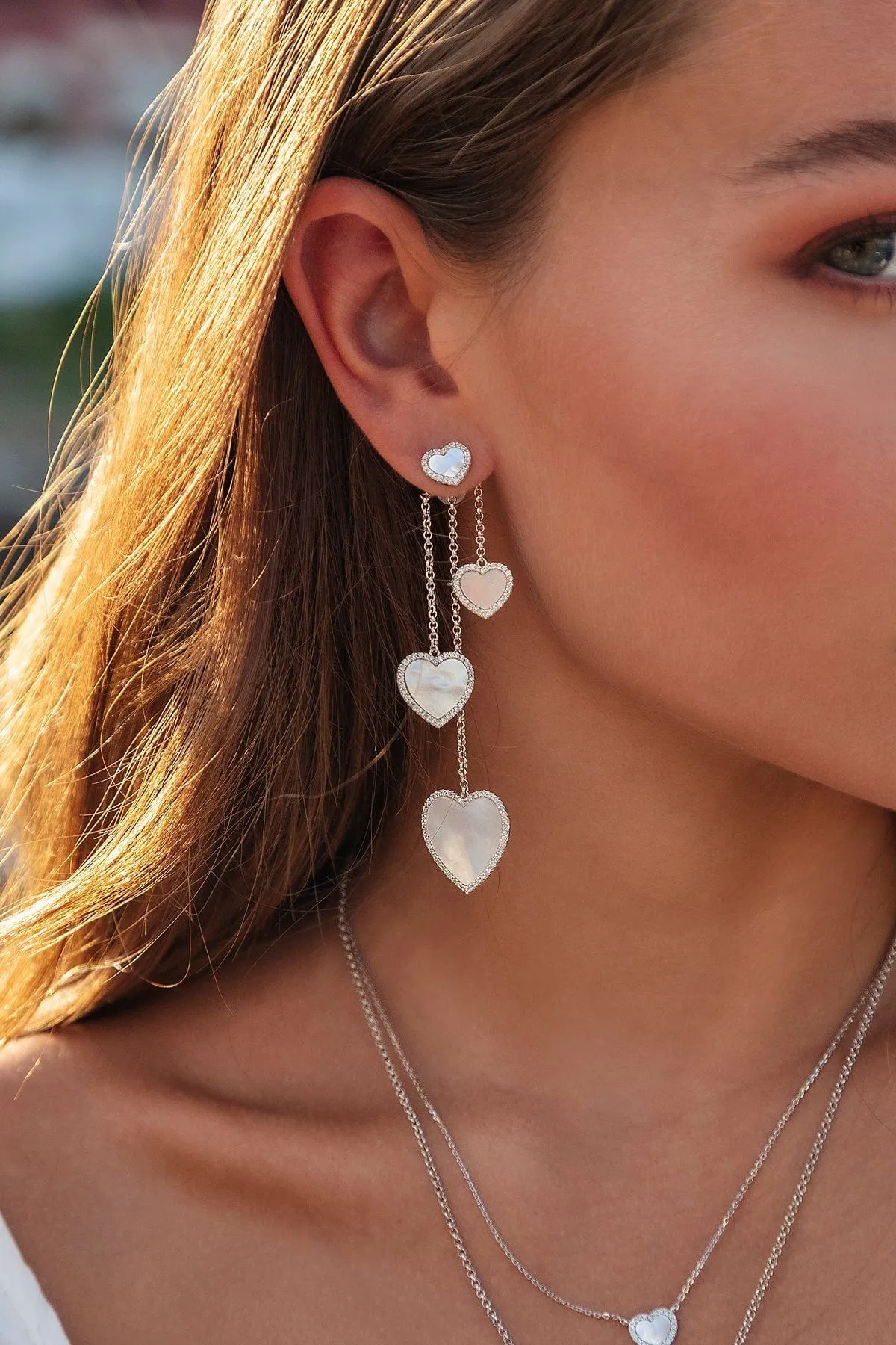 Asymmetric White Nacre Heart Earrings - silver