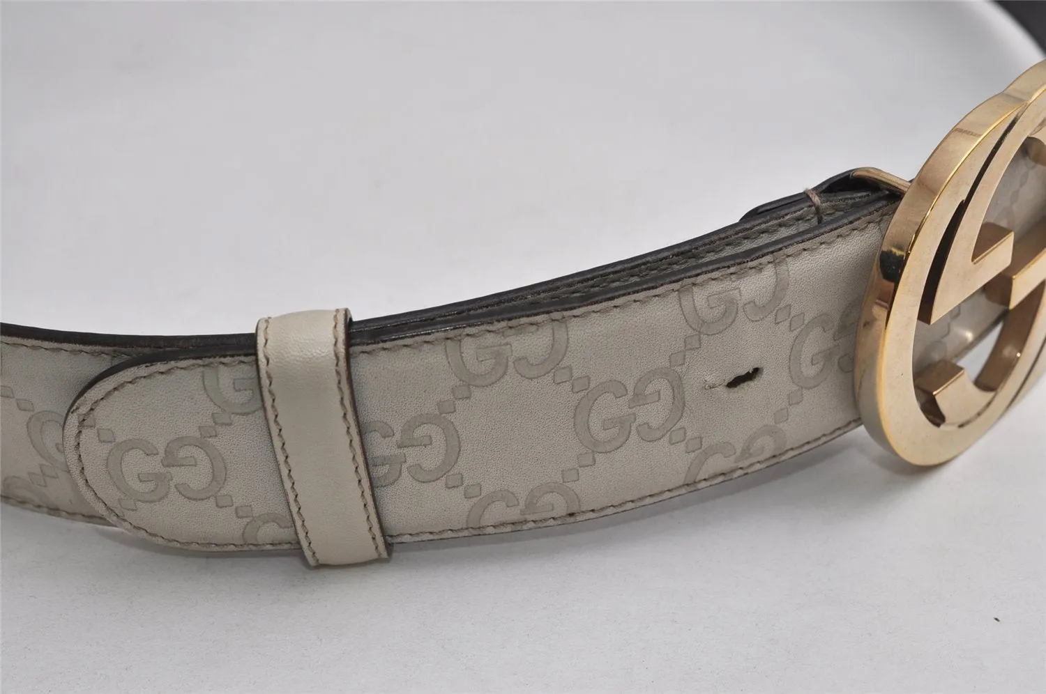 Auth GUCCI Guccissima Interlocking Belt GG Leather 80cm 31.5" 114876 White 0068K