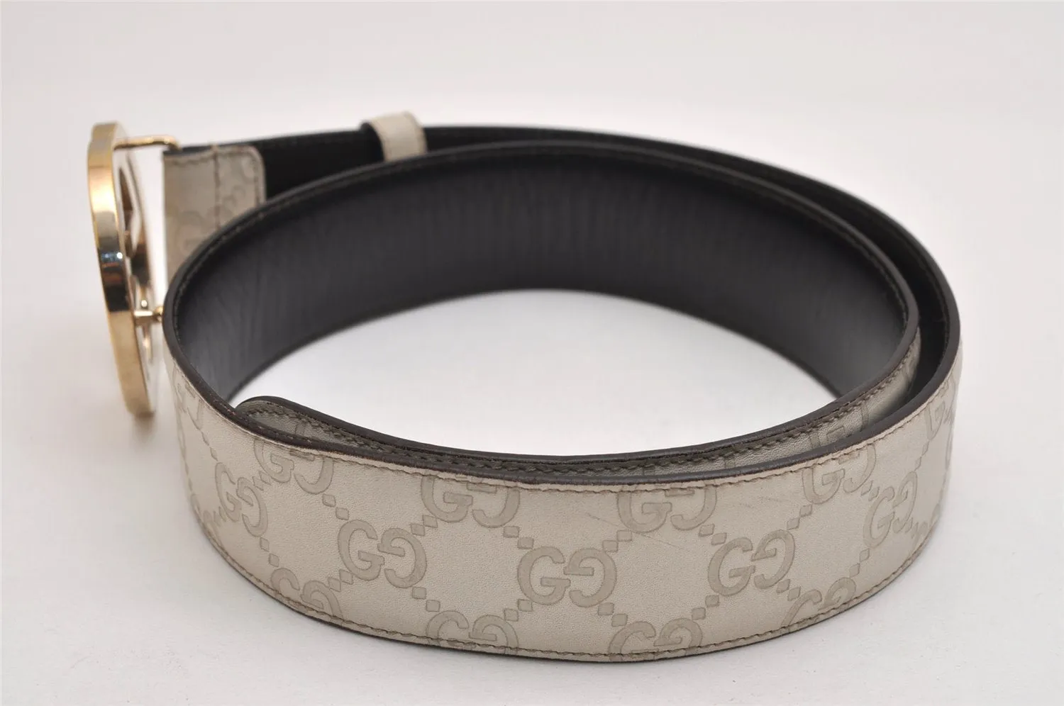 Auth GUCCI Guccissima Interlocking Belt GG Leather 80cm 31.5" 114876 White 0068K
