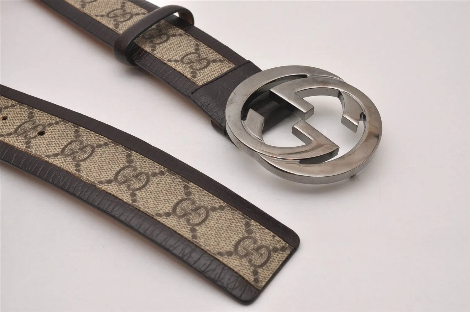 Auth GUCCI Interlocking G Belt GG PVC Leather 85cm 33.5" 142930 Brown Box 6967I