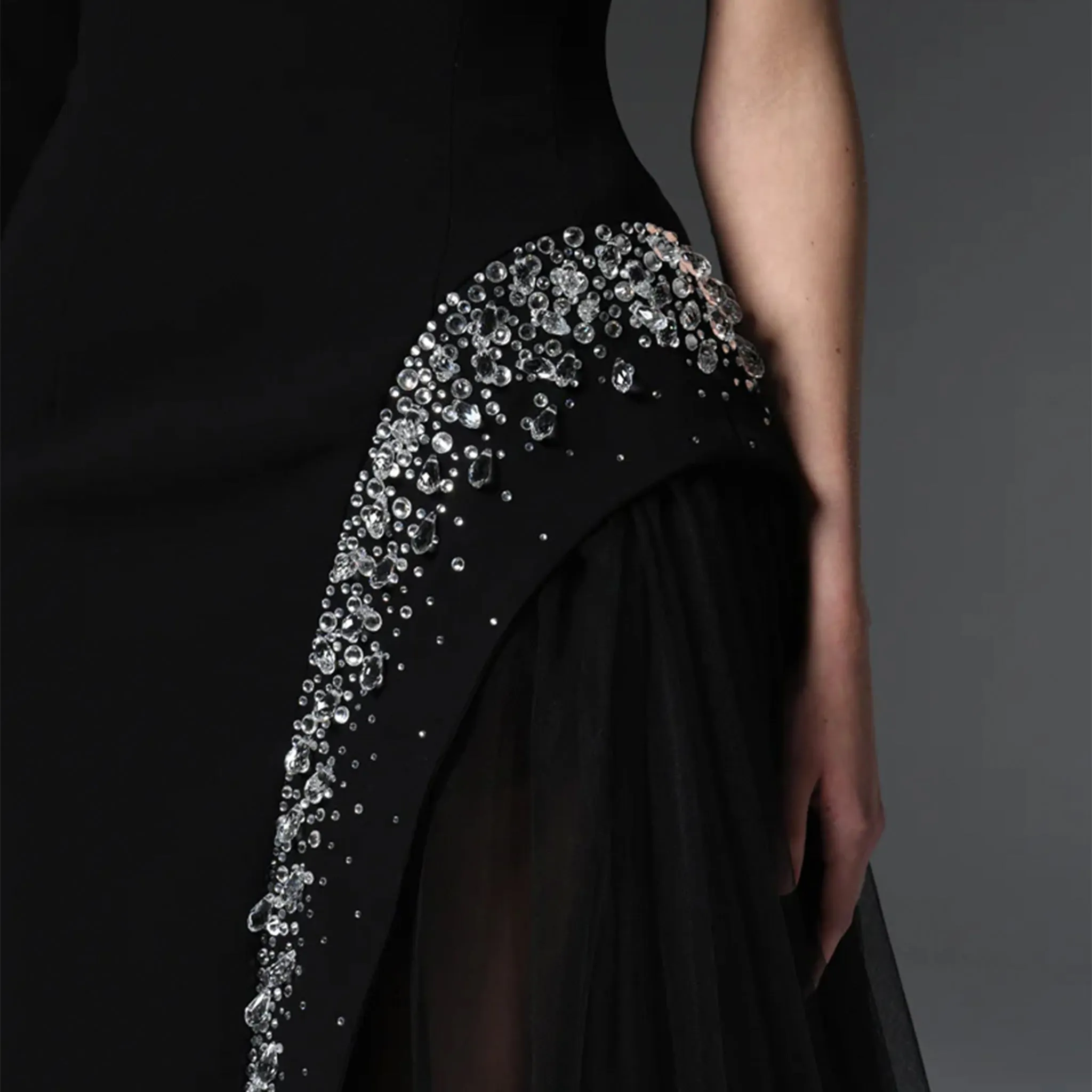 Black Asymmetric Crepe Dress With Crystal Embroidery