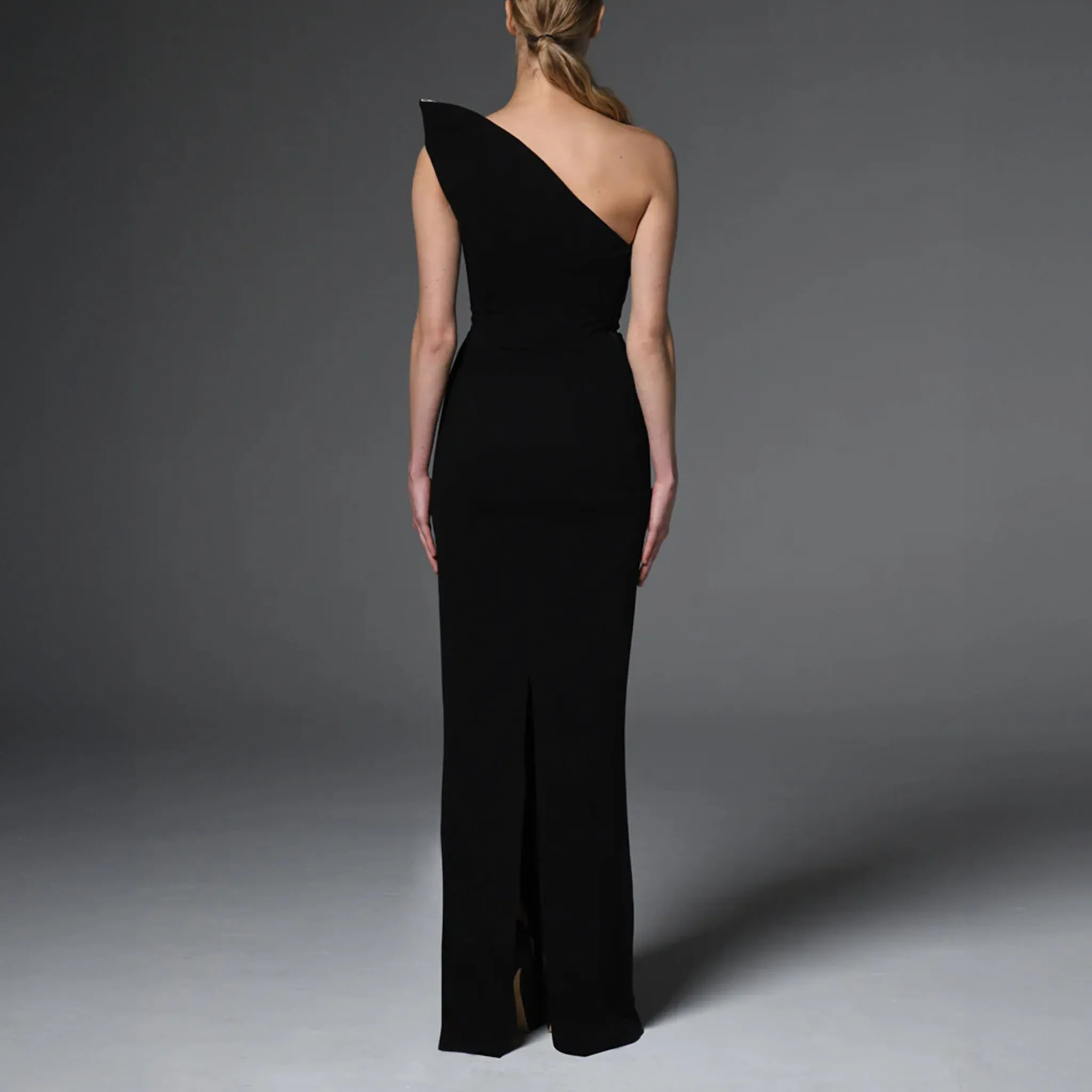 Black Asymmetric Crepe Embroidered Dress