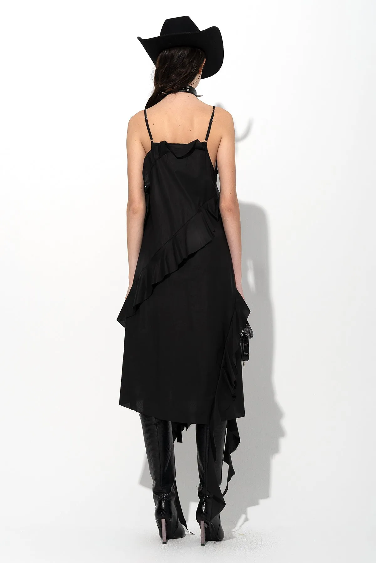 BLACK STRAP DRESS WITH ASYMMETRIC CASCADING FRILLS