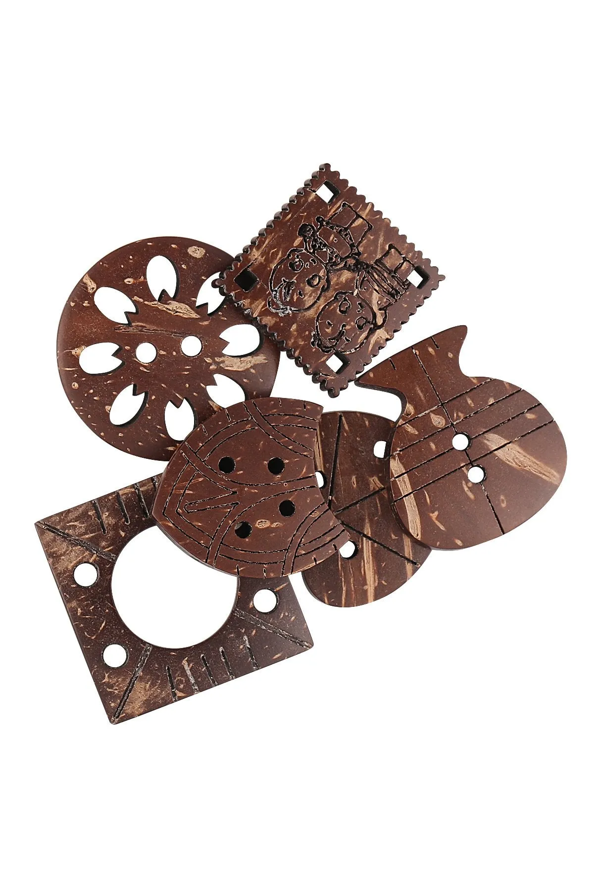 Decorative Set of 6 Combination Different Shapes Brown Coco Buttons