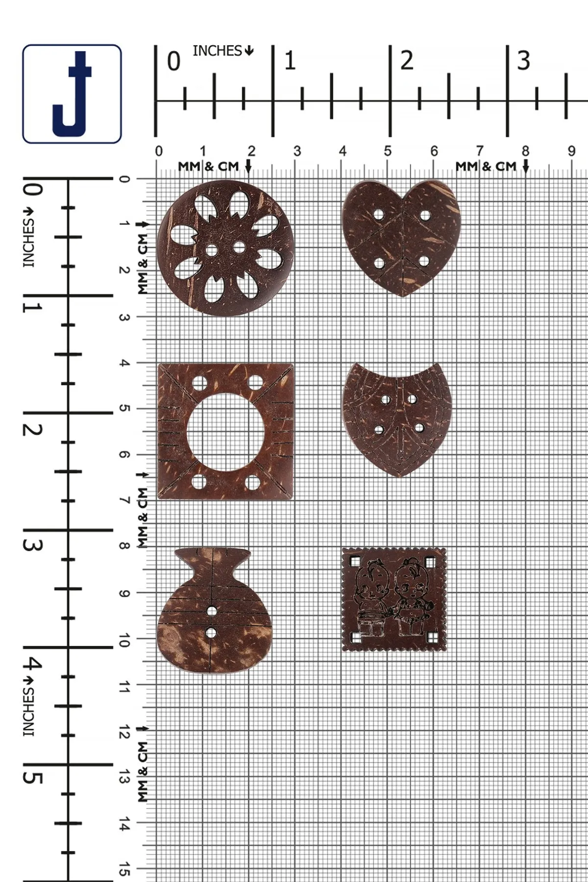 Decorative Set of 6 Combination Different Shapes Brown Coco Buttons