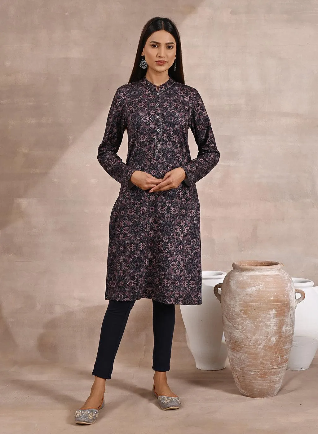 Geometric Print Woolen Kurta with Decorative Placket