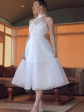 High Neck Light Ivory Homecoming Dresses, Lace Beaded Homecoming Dresses, Short Prom Dresses
