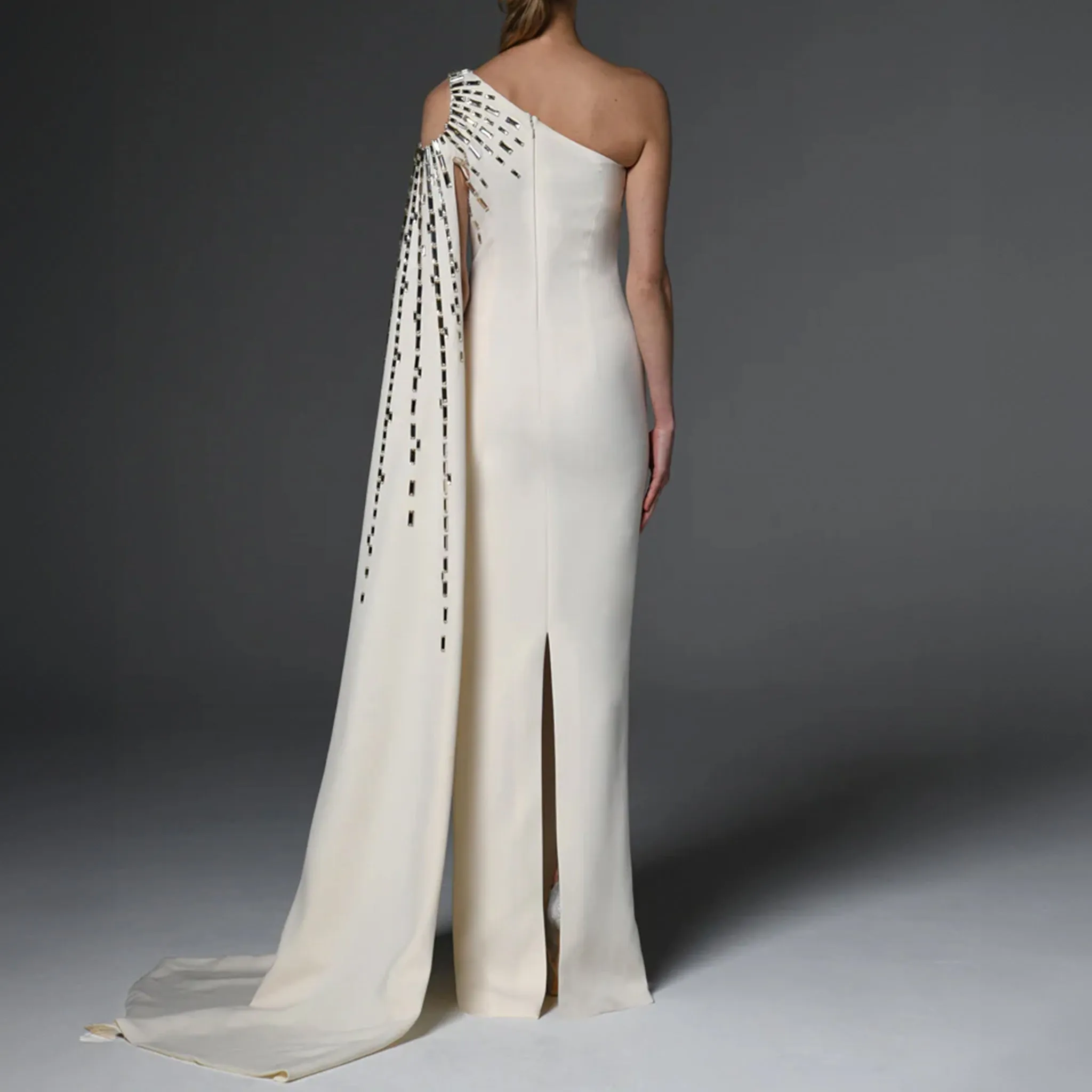 Ivory Asymmetric Crepe Dress With Embroidery