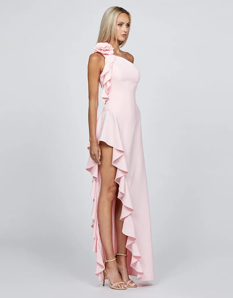 LATTICE ONE SHOULDER ROSETTE FRILL GOWN B68D28L