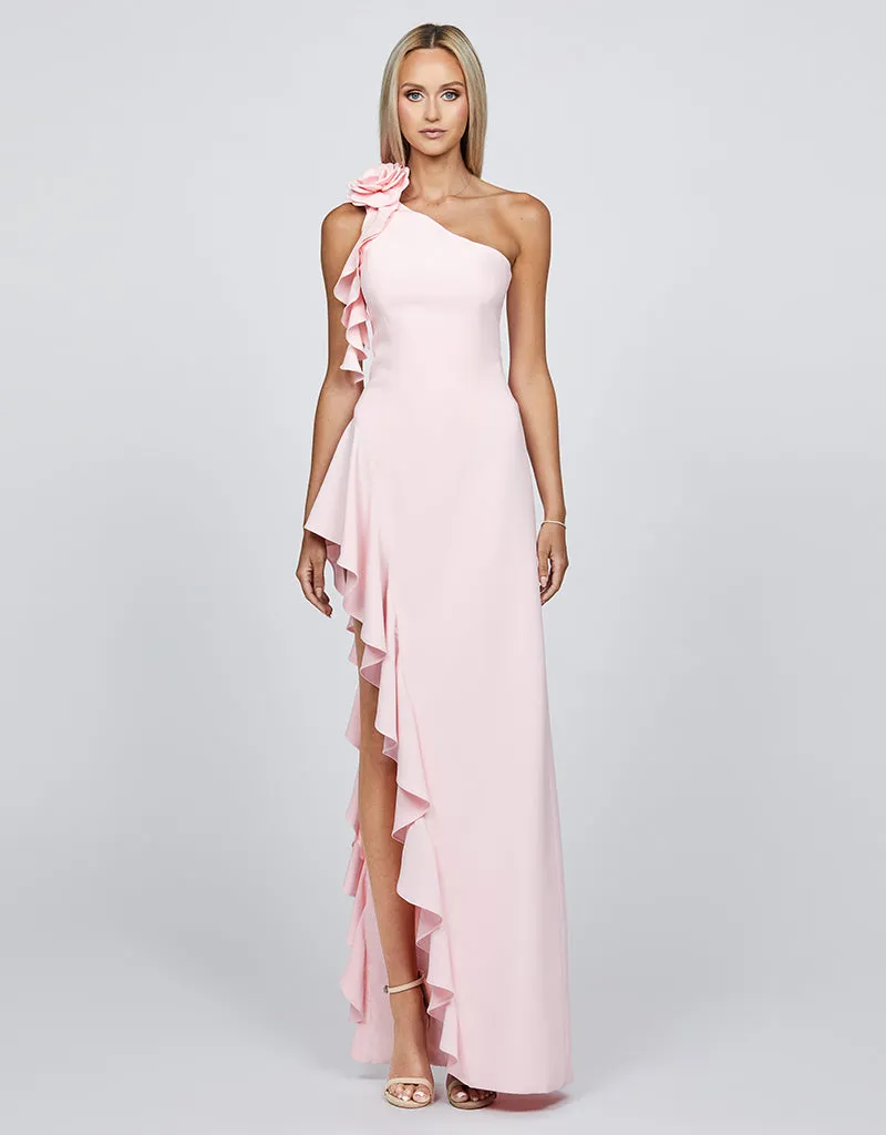 LATTICE ONE SHOULDER ROSETTE FRILL GOWN B68D28L
