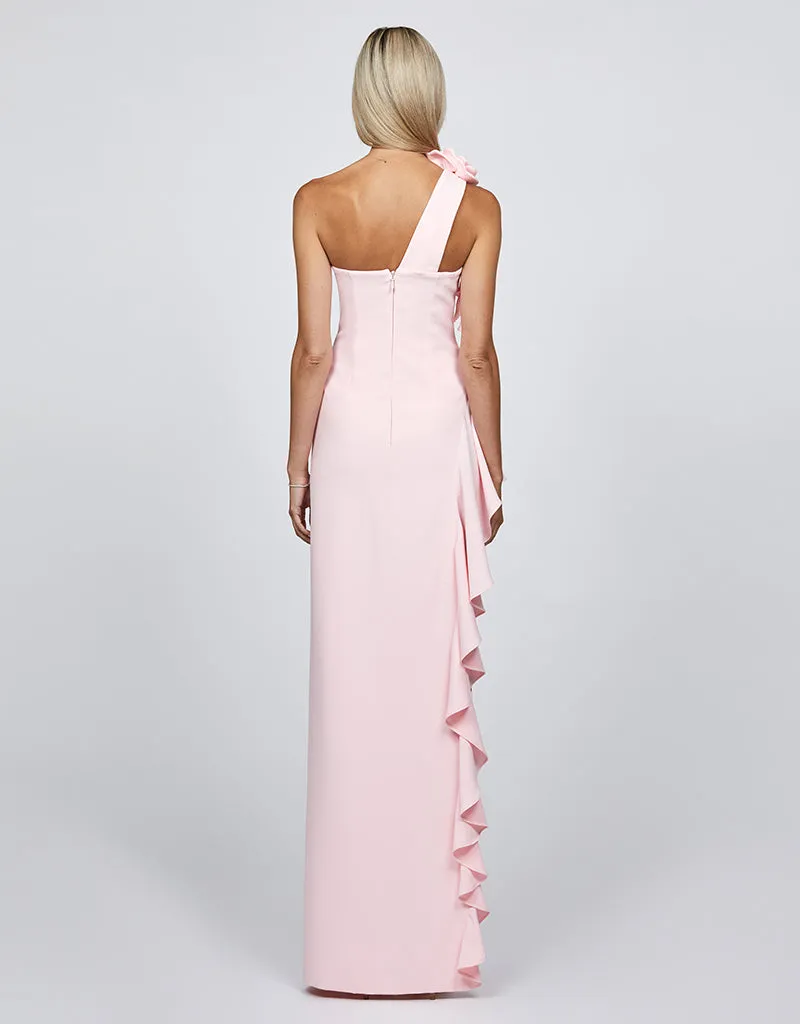 LATTICE ONE SHOULDER ROSETTE FRILL GOWN B68D28L