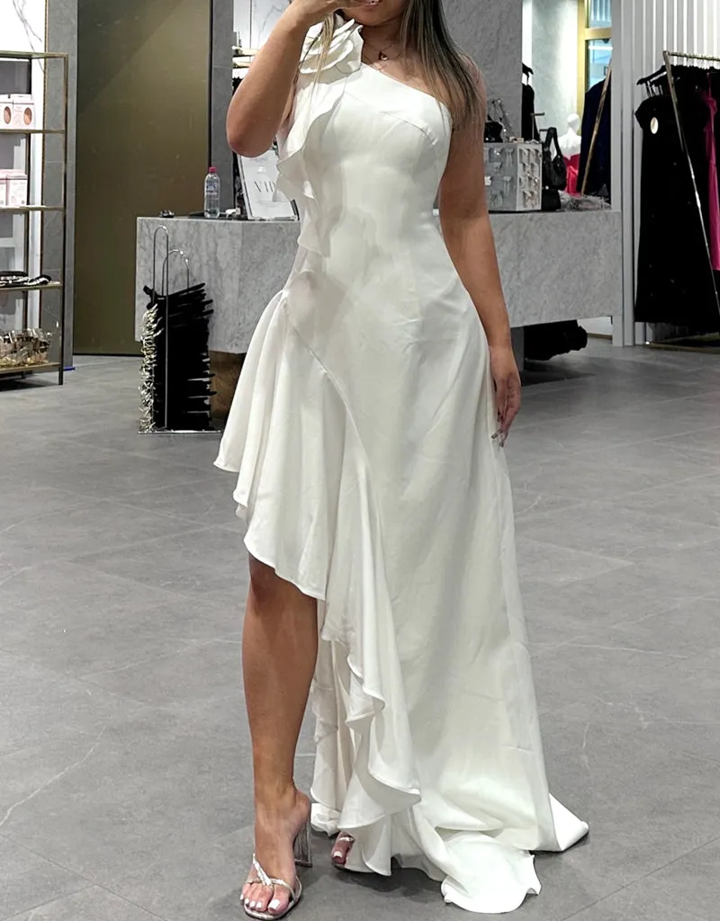 LATTICE ONE SHOULDER ROSETTE FRILL GOWN B68D28L