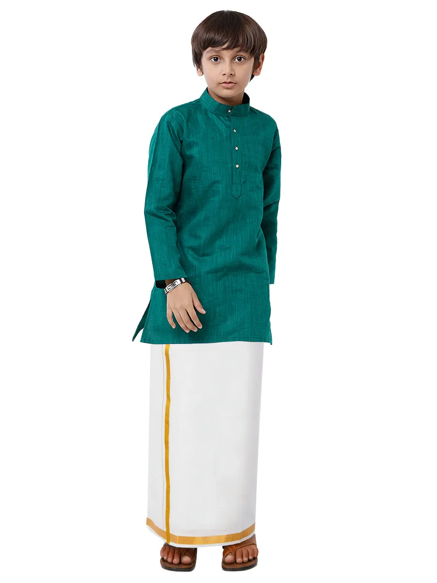 Like Father Like Son Dark Green Kurta and Gold Jari White Dhoti Combo FS5