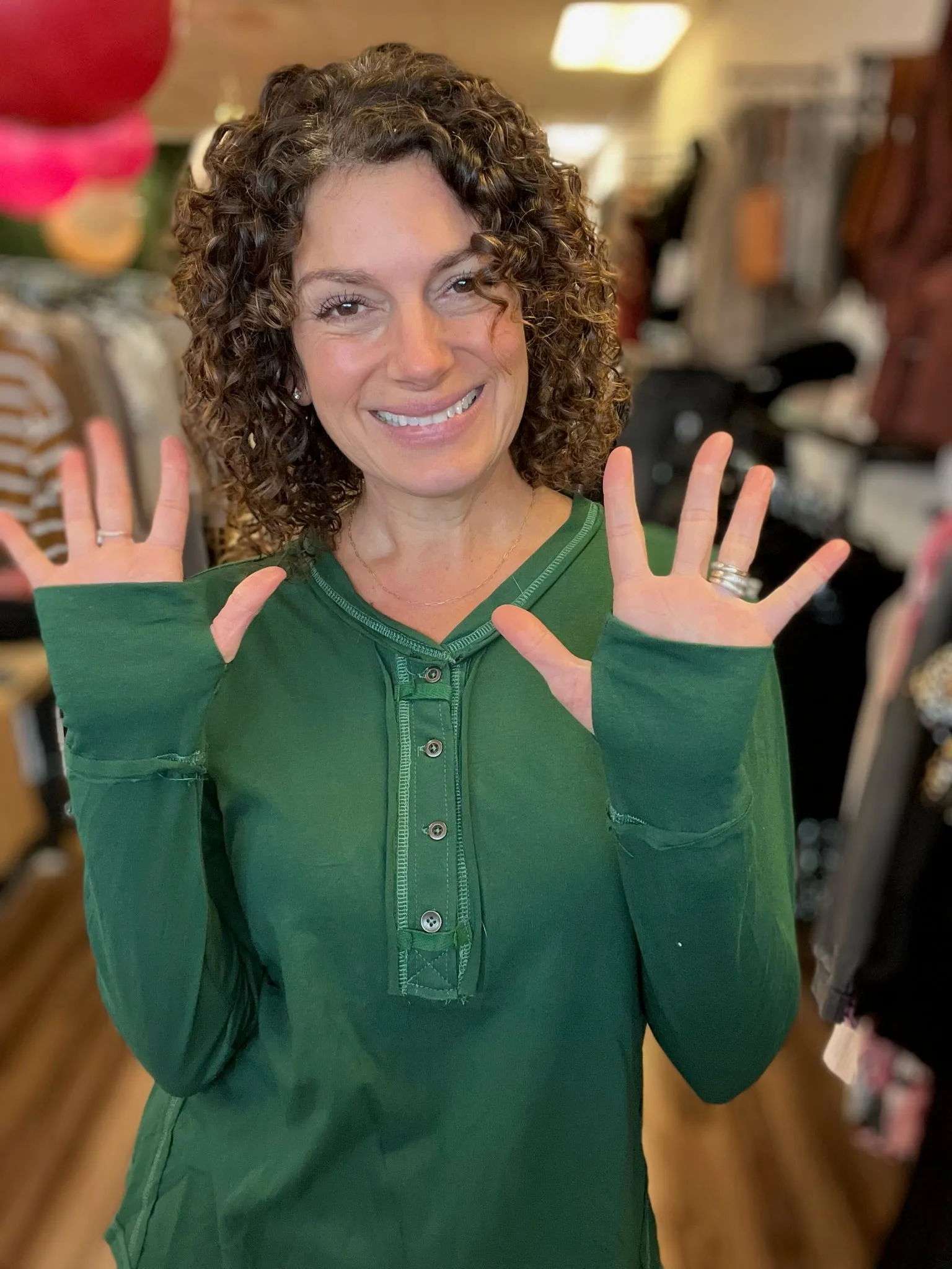 Long Sleeve Raw Edge Henley with Thumb Holes