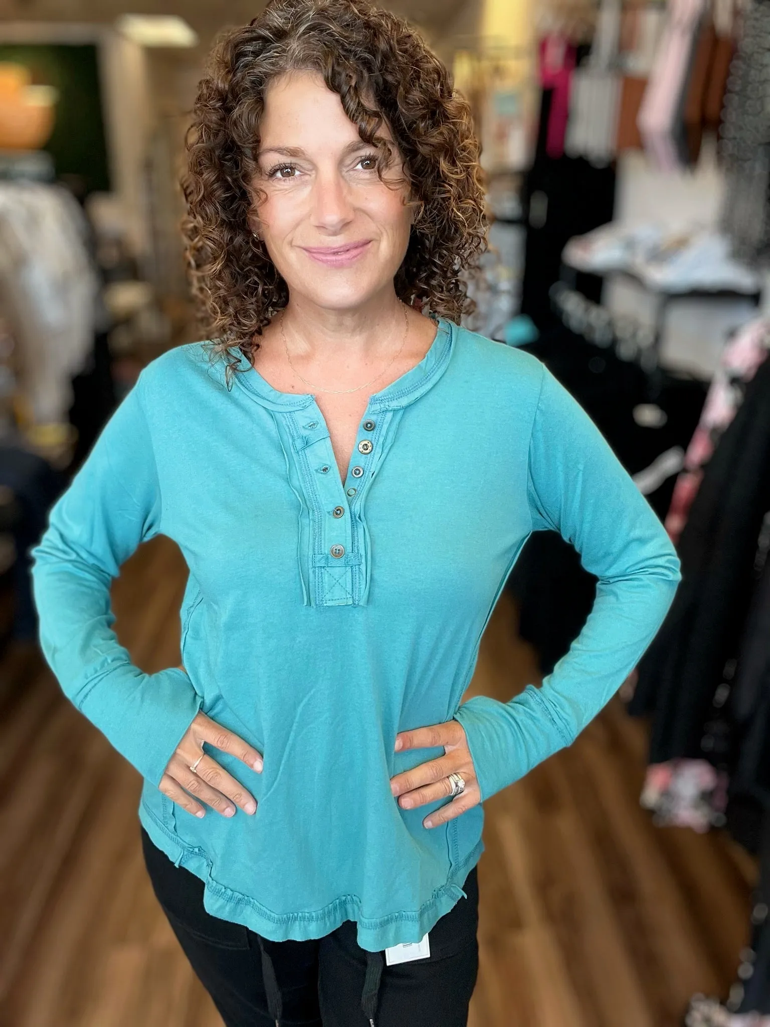 Long Sleeve Raw Edge Henley with Thumb Holes