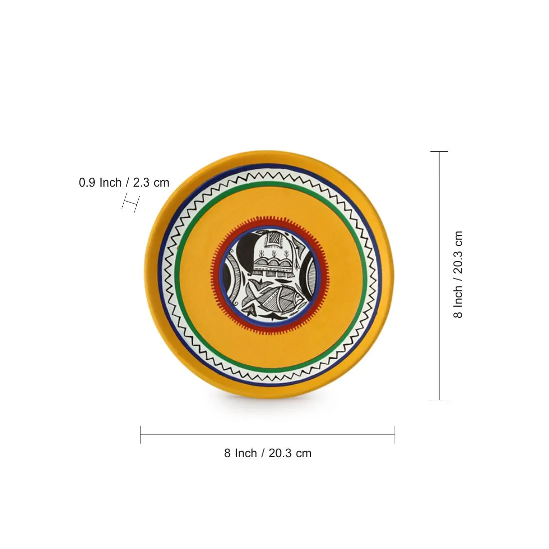 'The Madhubani Tales' Hand Painted Terracotta Wall Plates Wall Décor (8 inch, Set of 2, Yellow)