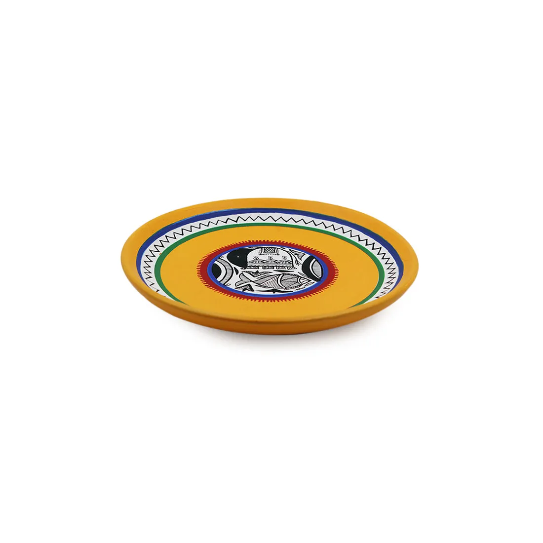 'The Madhubani Tales' Hand Painted Terracotta Wall Plates Wall Décor (8 inch, Set of 2, Yellow)