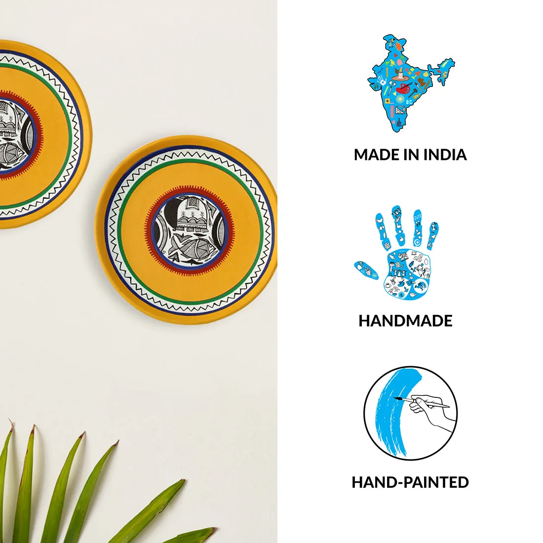 'The Madhubani Tales' Hand Painted Terracotta Wall Plates Wall Décor (8 inch, Set of 2, Yellow)