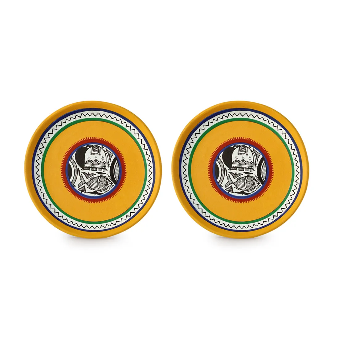 'The Madhubani Tales' Hand Painted Terracotta Wall Plates Wall Décor (8 inch, Set of 2, Yellow)
