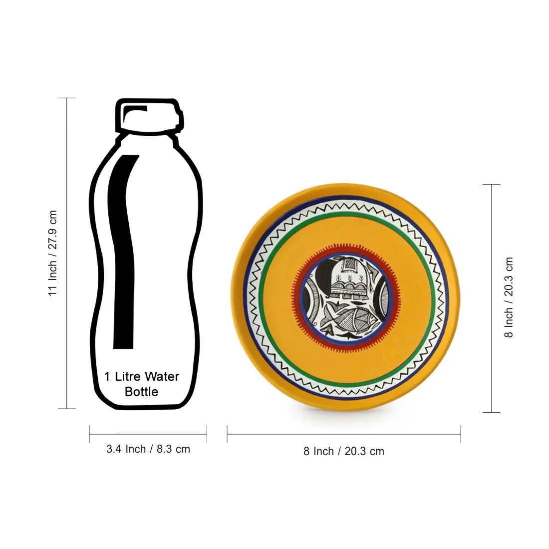'The Madhubani Tales' Hand Painted Terracotta Wall Plates Wall Décor (8 inch, Set of 2, Yellow)