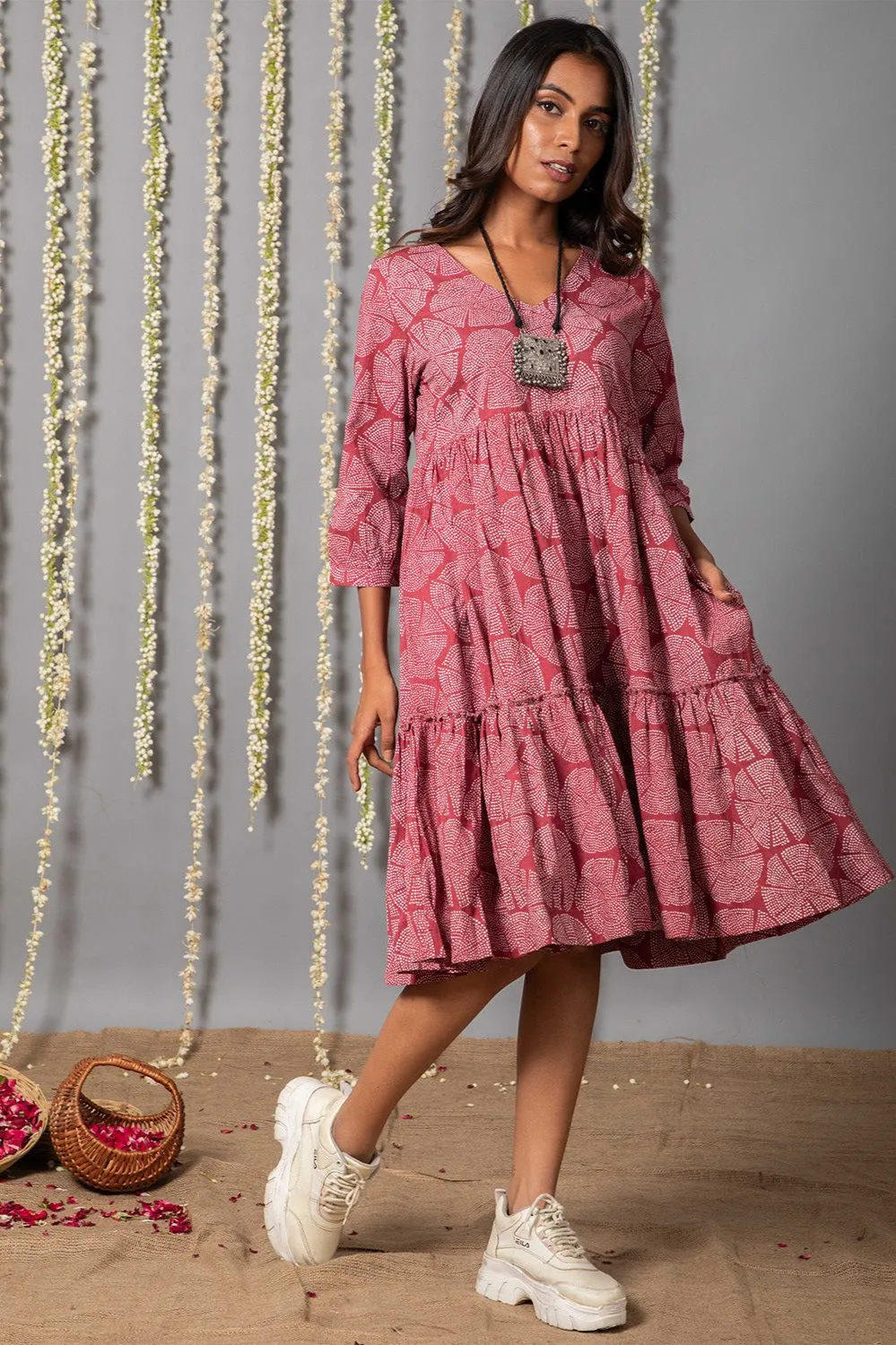 V neck Pink ajrak Print Graduated Dress