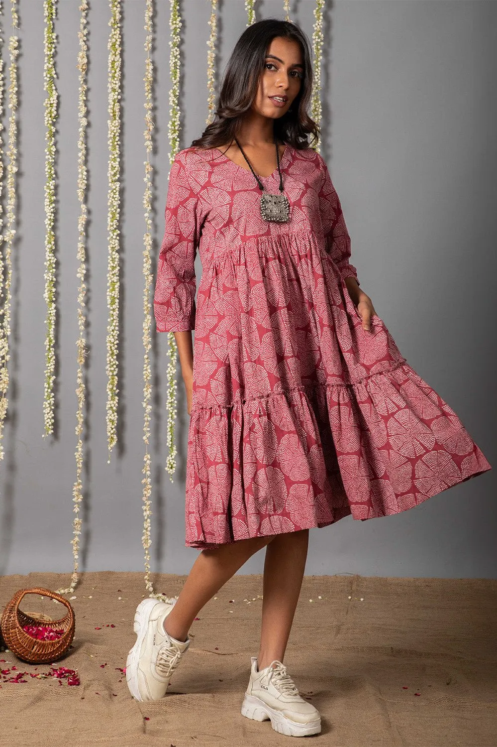 V neck Pink ajrak Print Graduated Dress