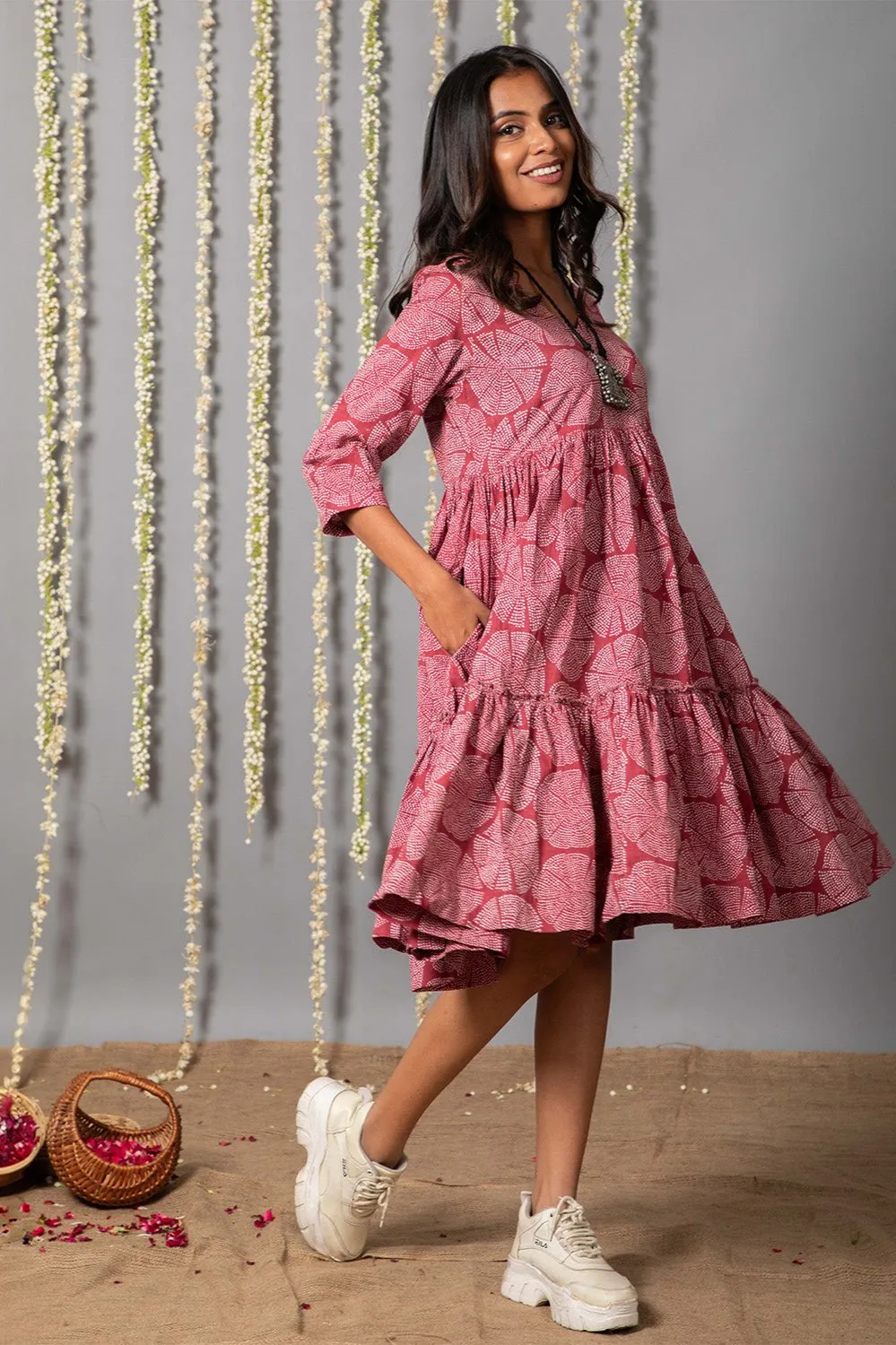 V neck Pink ajrak Print Graduated Dress